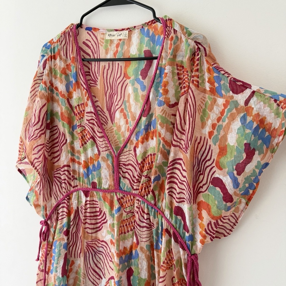Plus Size Sheer Boho Tunic Dress 1X Abstract Colorful Tropical Cover Up Kaftan - Picture 4 of 8
